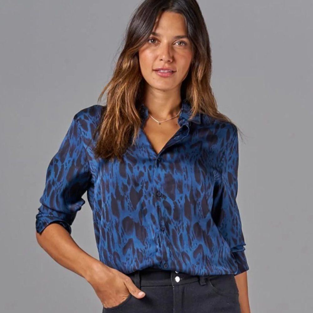 Tucker Brooklyn Button Down Shirt Indigo Safari in Silk Stretch Charmeuse